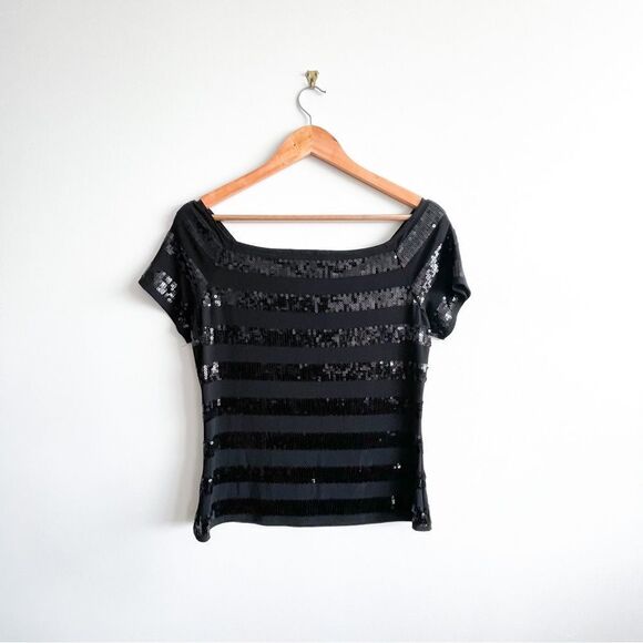 Frank Lyman Sequin Top Black Stretchy Stripes Short-Sleeved Women's 8 - Picture 2 of 8